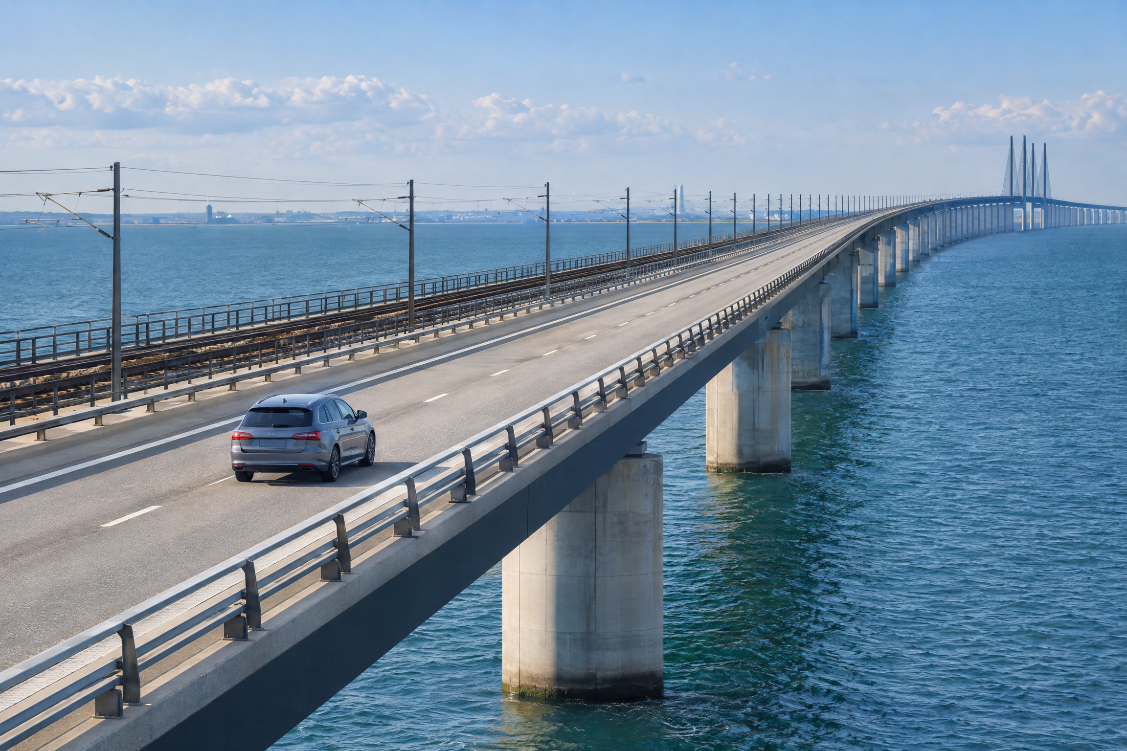 Illustrative view of a car crossing a long sea bridge with a railway running alongside the road deck